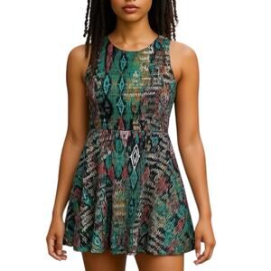 Julian Chang Abstract Print Fit & Flare Mini Dress Racerback Open Back Size M